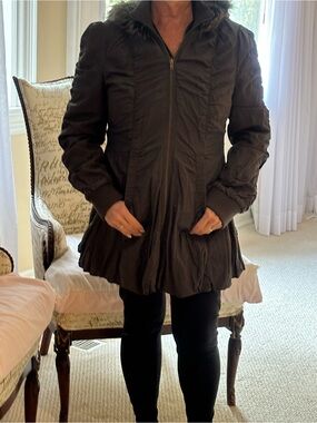 Women's Brown Zip-Up Puffer Coat with Fur Hood light weight